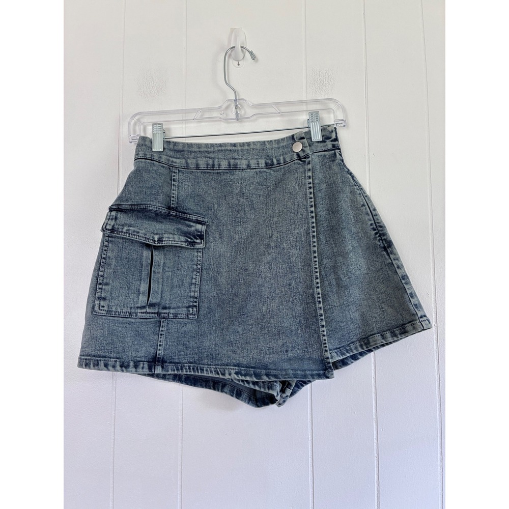 Flying Tomato Acid Wash Denim Cargo Skort Blue High Waist Wrap Front New